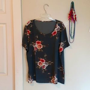 Gray and Floral Print Blouse
